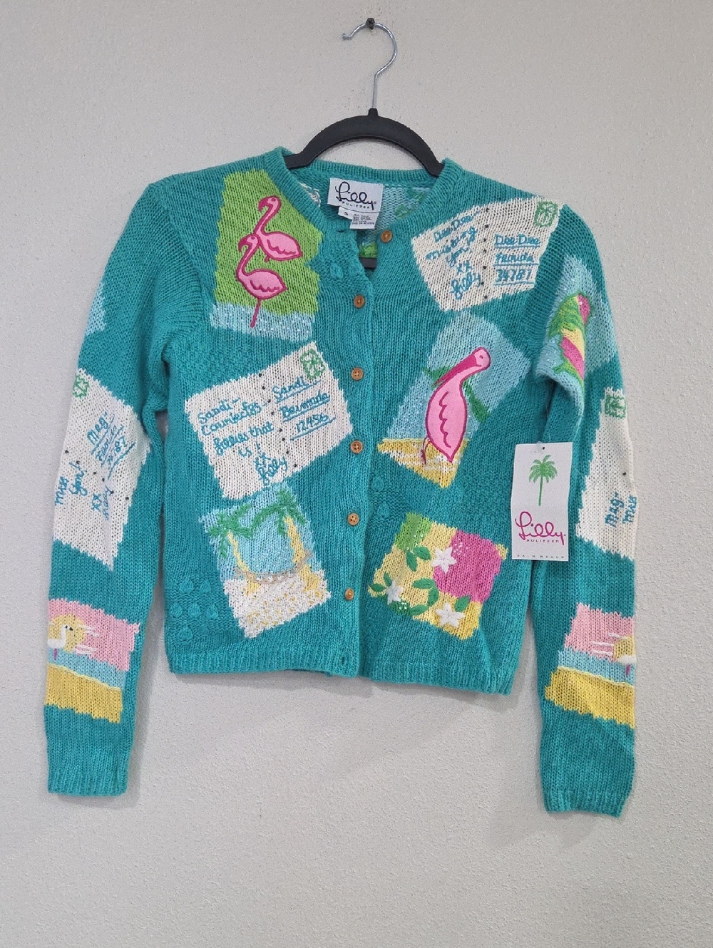 Lilly Pulitzer Teal Patchwork Flamingo Postcard Cardigan